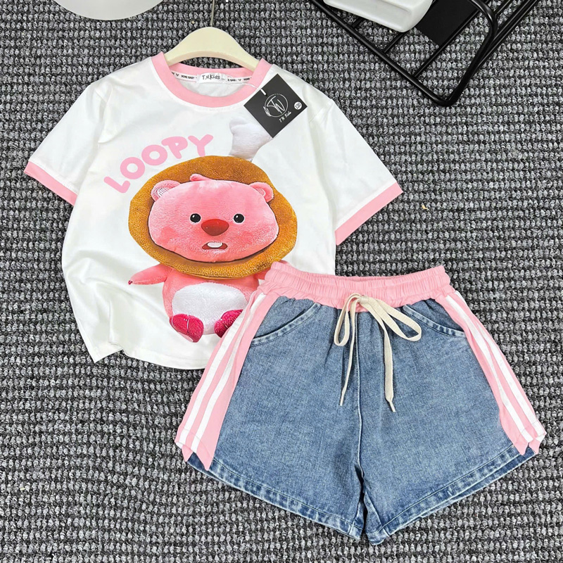 bộ short jean bé gái hình gấu loppy